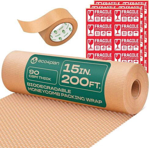 Honeycomb Packing Paper | Extra Thick 90 GSM Packing Wrap | Biodegradable Packing Materials: 12" x 400’ Moving Paper + 195’ Cellulose Adhesive Tape + 30 Fragile Stickers | Paper Bubble Wrap in Saudi Arabia
