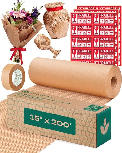 Honeycomb Packing Paper | Extra Thick 90 GSM Packing Wrap | Biodegradable Packing Materials: 12" x 400’ Moving Paper + 195’ Cellulose Adhesive Tape + 30 Fragile Stickers | Paper Bubble Wrap in Saudi Arabia