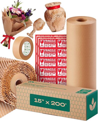 Honeycomb Packing Paper | Extra Thick 90 GSM Packing Wrap | Biodegradable Packing Materials: 12" x 400’ Moving Paper + 195’ Cellulose Adhesive Tape + 30 Fragile Stickers | Paper Bubble Wrap in Saudi Arabia