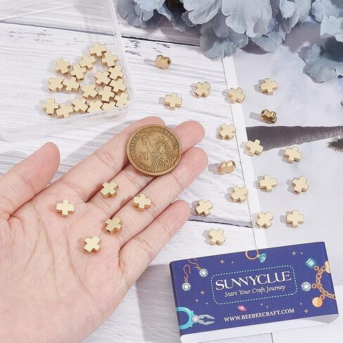 SUNNYCLUE 1 Box 50Pcs Cross Beads Real 18K Gold Plated Crosses Bulk Mini Small Golden Cross Bead Tiny Cross Beaded Charm Easter Crucifix Loose Spacer Beads for Jewelry Making Beading Kit DIY Craft in Saudi Arabia