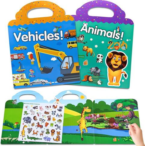Sticker Books for Kids 2 Set Toddler Sticker Book, Car Vehicles and Cute Animals Reusable Sticker Book, Educational Learning Sticker Activity Books for Toddlers, Sticker Books for Toddlers 3 4 5 Years in Saudi Arabia