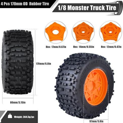 إطارات شاحنة Monster Monster 3.8 "مع إدراج الرغوة - محولات سداسية سداسية 17 مم/14 مم/12 مم ، متوافقة مع Traxxas Sledge ، Arrma Kraton ، Outcast ، Tamiya ، HSP (مجموعة من 4) ، جزء بديل من AR510092 in Kuwait
