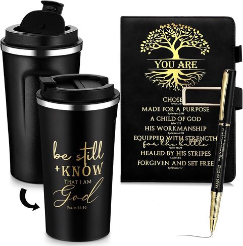 Pickmesh 3 PCS هدية مسيحية للرجال Man of God Gift Bible Verse A5 Leather Journal with Ballpoint Pen 17 Oz Stainsal Steel Tumbler Easter Gift for Boath’s Pastor Church (Black) in Kuwait