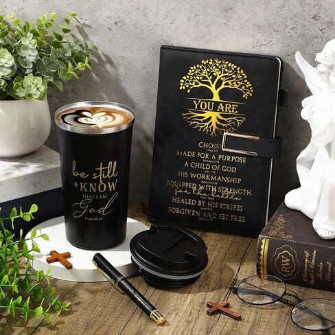 Pickmesh 3 PCS هدية مسيحية للرجال Man of God Gift Bible Verse A5 Leather Journal with Ballpoint Pen 17 Oz Stainsal Steel Tumbler Easter Gift for Boath’s Pastor Church (Black) in Kuwait