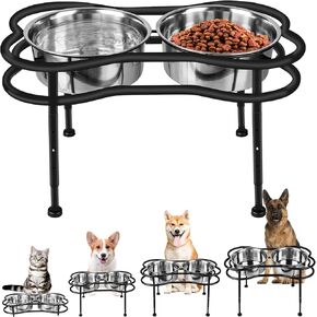 Elevated Dog Bowls Dog Feeder with 2 8" Width Stainless Steel Bowls 4 Height Adjustable Raised Dog Bowl Stand 3.3", 8.66", 9.84", 11.02" Black for Small Medium Large Dogs, Cats and Pets