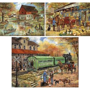 Bits and Pieces – Value Set of Three 1000 Piece Jigsaw Puzzles for Adults – Vintage Americana Jigsaw Puzzles by Artist Ruane Manning, Completed Puzzle Size: 20" x 27"