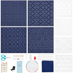 FREEBLOSS 4 Set Sashiko Tea Mat Kit Full Sashiko Supplies Kit with 4 Acrylic Sashiko Stencils Embroidery Kit for Beginners with English Instructions Needlework Kit for Adults