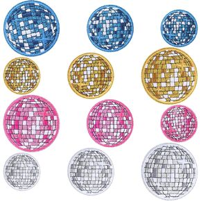12 Pcs Disco Ball Iron on Patches, 3 Size Embroidered Iron on Patches Bling Ball Party Patch Glitter Sew on Patches for Hat, Backpacks,Pants, Clothes,Jeans,Jackets
