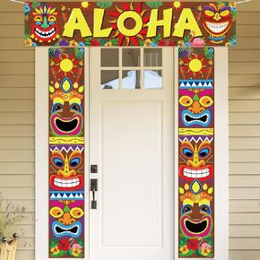 90shine 3PCS Hawaiian Luau Party Decorations Tiki Banners Aloha Tropical Moana Flamingo Door Porch Signs Wall Hanging Decor Supplies