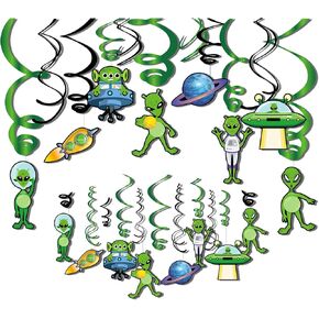 30CT Alien Hanging Swirl Party Decorations, UFO Theme Party Supplies Foil Swirl Ceiling Hanging Decor for Birthday Party Decorations, Green Alien Outer Space Saucer Party Decor for Kids Birthday Party