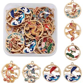 28 Pieces Round Shape Enamel Charm Deer Fish Charms Phoenix Animal Pendant Light Gold for Jewelry Necklace Bracelet Making Crafts