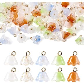 Beadthoven 80pcs Flower Glass Charms Pendants Colorful Lily of the Valley Flower Pendants Mini Bell Flower Acrylic Dangle Beads for Jewelry Making Tiny Accessories Keychain Necklace DIY Crafts