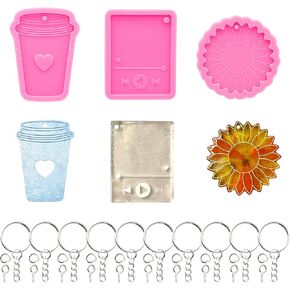 43Pcs Silicone Resin Molds Kit - Sun Flower Media Player Coffee Cup Shape with Hole Keychain Mold Chocolate Candy Clay Silicone Molds with 10Pcs Key Chains and Rings for Epoxy Pendant DIY Crafts