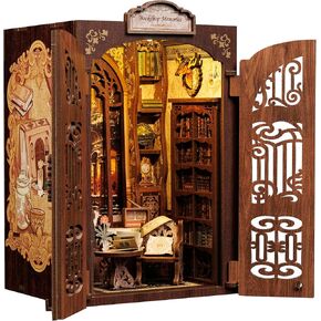 CUTEBEE DIY Book Nook Kit for Adults and Teens, DIY Wooden Miniature Tiny House Dollhouse Kit Bookshelf Booknook Bookcase Model Build Gift Kit Decor Alley with LED Light