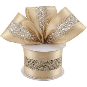 شمبانيا Gold Christmas Ribbon Wired 2.5 "× 10 ياردة شريط ساتين ساتين ساتين مع شريط سلكي شبكة لامع لأقواس الشجرة العريضة ، الزهور ، الحرف اليدوية ، ديكور المنزل ، غلاف الهدايا