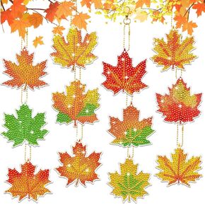 Fsnjcz 12 Pcs Fall Leaves Diamond Painting Keychains Autumn Thanksgiving Diamond Art Key Chain Double Sided Full Drill Maple Leaf Hanging Ornaments for DIY Crafts Thanksgiving Party Decor