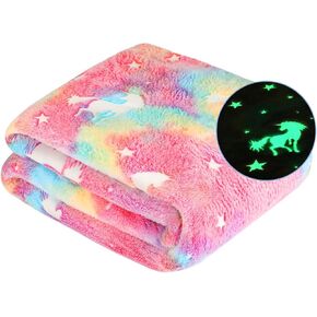 Glow in The Dark Blanket Unicorn Gifts for Kids Girls Teen Birthday Christmas Halloween Present Light Up Rainbow Unicorn Bedroom Bed Decor Fun Soft Fluffy Plush Glowing Throw Pink 50"x60"