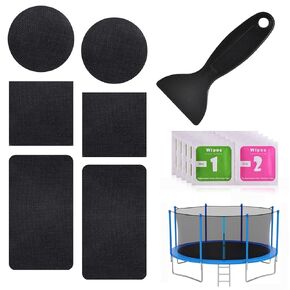 Self-Adhesive Trampoline Patch Repair Kit, 2 Square + 2 Rectangular + 2 Round Patches, Trampoline Patch with Scraper Wet Towel, Trampoline Accessories for Repairing Tears and Holes in Trampoline Mats