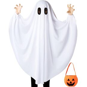 Oskiner Ghost Costume for Kids,White Ghost Costume with Pumpkin Bag, Spooky Halloween Costume for Boys Girls Toddler