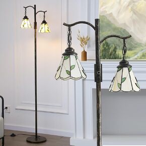 Vintage Dimmable Floor Lamp,2 Tiffany Lampshades Standing Lamp, Rustic Farmhouse Floor Lamp with Bronze Gold Finish, for Living Room Bedroom