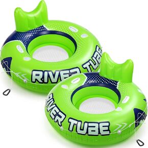 53" Heavy Duty Inflatable River Tube Inflatable Pool Float Large Water Tube Green Float River Adult Raft Lounger with Mesh Bottom Backrest 2 Cup Holders and Handles,Holds 300lb