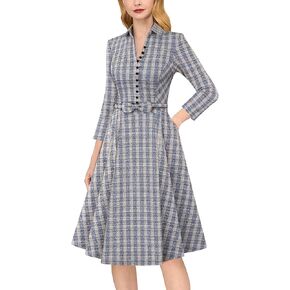 VFSHOW Womens 2024 Business Work Office Collar V Neck Bow Belted Pockets Buttons Slim Vintage Fit and Flare A Line Dress