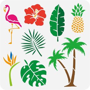 FINGERINSPIRE Tropical Coconut Tree Stencil 11.8x11.8inch Reusable Tropical Leaves Pineapple Flamingo Flower Pattern Template Animal Plant Theme Stencil for DIY Craft Painting on Wall Wood Furniture