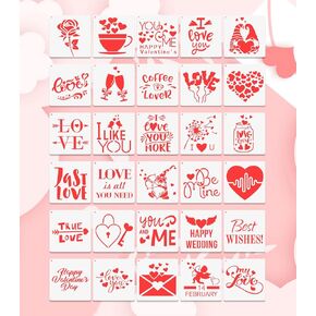 30 Pcs Valentine's Day Heart Love Stencils, Love Stencils for Painting on Wood Slice, Reusable Plastic Templates for Valentine's Day Wedding Envelopes Scrapbook Making, Art & DIY Crafts 3x3 Inch