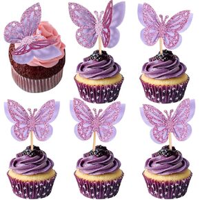 COBEE 48 PCS Butterfly Cupcake Toppers ، 3D Flight Blitter Butterfly Cake Topper Double Layer Defice Happy Birthday Cake Decor