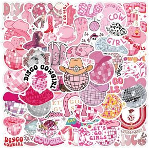 55Pcs Disco Cowgirl Stickers, Vinyl Pink Cowgirl Decals,Western Cowgirl Aesthetic Waterproof Stickers for Water Bottle Laptop Skateboard Pink Preppy Decor for Teen Girl Disco Party Decor (Red-A)