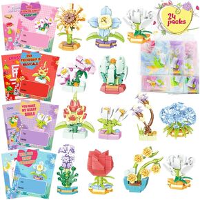 DINESIL 24 Packs Valentines Day Gifts for Kids, Flower Building Blocks with Valentines Day Cards for School Classroom Exchange, Valentine Party Favor