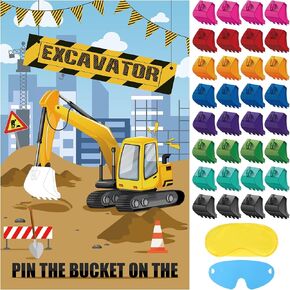 Hxezoc Pin The Bucket on The Excavator Game With 32 Pcs Buckets Large Construction Party Games Poster for Kids Birthday Party Construction Party Supplies