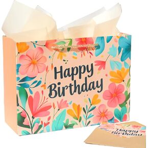 Cynamorkit 13'' Large Happy Birthday Gift Bag with Tissue Paper, Greeting Cards & Envelopes (Floral Design) (Pink, Blue)