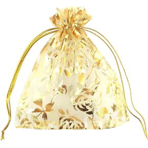 QIANHAILIZZ 100 pcs 3.5 x 4.7 Inch Flower Heart Organza Jewelry Gift Pouch Candy Pouch Drawstring Wedding Favor Bags X92 (A white with gold heart)