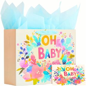FENKON 13'' Large Baby Girl Gift Bag for Baby Shower Birthday with Tissue Paper and Greeting Card, Flowers OH BABY (BabyPink, 13'')