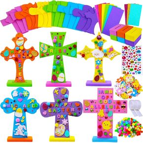 Winlyn 18 Sets Easter Cross Decorations Craft Kits Assorted Cross Foam Cutouts Egg Bunny Chick Foam Stickers Pom-poms for Kids Classroom Sunday School VBS Activity Art Project