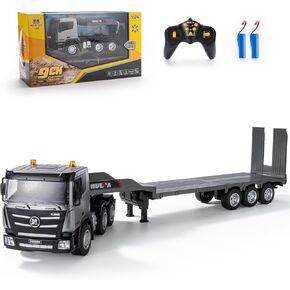 Remote Control Semi Truck Toys, 9 Channel RC Semi Truck with Trailer, Construction Vehicle Toy with Sound and Light, Birthday Gifts Ideas for Boys Kids, 1/24 Flatbed Trucks Grey (with Gift)