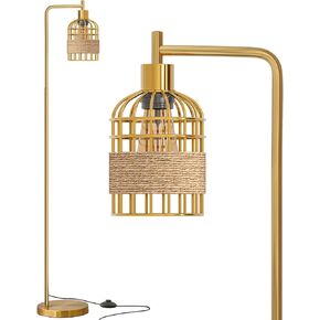 Oneach 66" Gold Floor Lamp for Living Room, Industrial Floor Lamp with LED Buld, Rattan Shade, Foot Switch, Minimalist Farmhouse Tall Standing Lamp for Bedroom, Office, Study Room