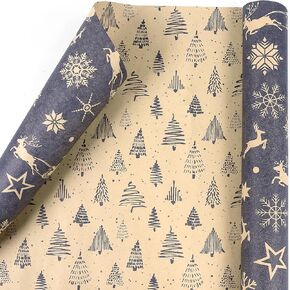 Christmas Wrapping Paper Roll, Reversible Christmas Wrapping Paper Black and Gold, Snowflake Christmas Tree Design Wrapping Paper for Christmas Winter Holiday Birthday Gift Wrap, 17 Inch x 33 Feet