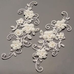 One Pair Beaded Appliques Lace Trims 3D Floral Embroidery Lace Trims for Bridal Accessories Supply