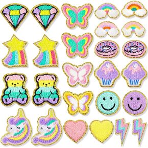 Jutom 28 Pcs Iron On Patches Colorful Sew Iron on Patch Chenille Embroidered Applique for Clothing Fabric Jackets Jeans Repair Decor Craft (Unicorn Styles)