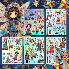 Decoupage Paper Pack (15 Sheets 8"x11") Fairy Girl and Deer Christmas Naïve Art HANATABA Vintage Styled Ephemera Pictures for Decoupage Craft and Scrapbooking