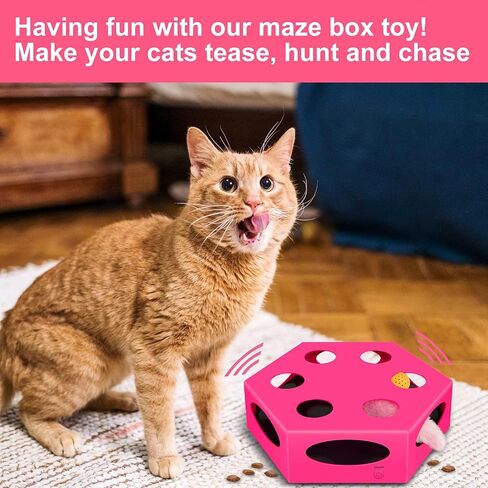 FluffyDream Interactive Cat Maze Box Toy, Electrical Cat Exercise Teaser Toy with Plush Tail & Ball Contains Bells, Fluffy Toys, Toys for Indoor Cats, Pets, Kitten, Kitty, Pink in Saudi Arabia