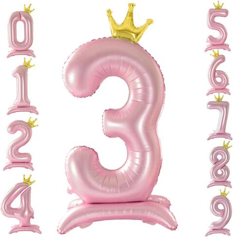 42 Inch Crown Pink Number Balloon, Number 3 Balloon with Base for Girls 3nd Birthday Party Decoration, Anniversary Decor Theme Party Supplies (Pink 3) in Saudi Arabia