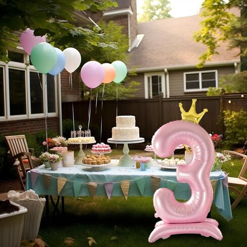 42 Inch Crown Pink Number Balloon, Number 3 Balloon with Base for Girls 3nd Birthday Party Decoration, Anniversary Decor Theme Party Supplies (Pink 3) in Saudi Arabia
