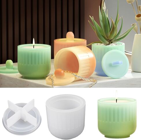 Striped Candle Jar Resin Molds Storage Box with Lid Silicone Molds 3D Candle Cups Epoxy Resin Mold for DIY Home Decoration Handicrafts (A) in Kuwait
