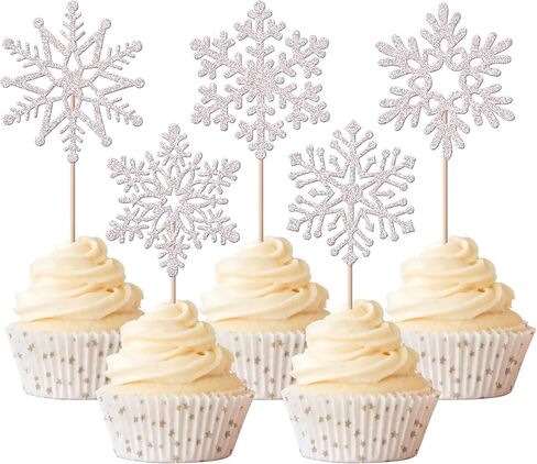 Rsstarxi 30 Pack Snowflake Cupcake Toppers Glitter Winter Frozen Theme Cupcake Picks Baby Shower Cake Decorations for Snowflake Theme Christmas Kids Birthday Party Supplies Silver in Kuwait
