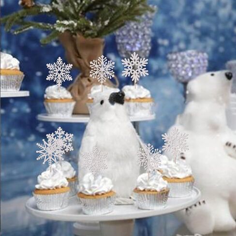 Rsstarxi 30 Pack Snowflake Cupcake Toppers Glitter Winter Frozen Theme Cupcake Picks Baby Shower Cake Decorations for Snowflake Theme Christmas Kids Birthday Party Supplies Silver in Kuwait