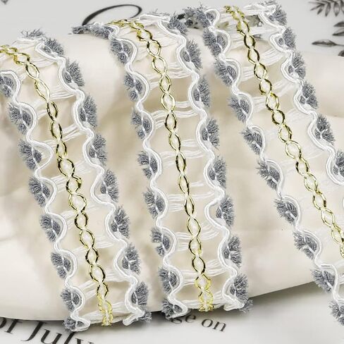 10Yards 15mm/0.59inch Wide White Fabric Decorative Lace Webbing for All Kinds of Sewn Garments, Curtains, Sewing and DIY Crafts Lamps Furniture Decoration (White & Grey-15mm) in Kuwait