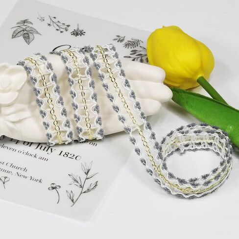 10Yards 15mm/0.59inch Wide White Fabric Decorative Lace Webbing for All Kinds of Sewn Garments, Curtains, Sewing and DIY Crafts Lamps Furniture Decoration (White & Grey-15mm) in Kuwait